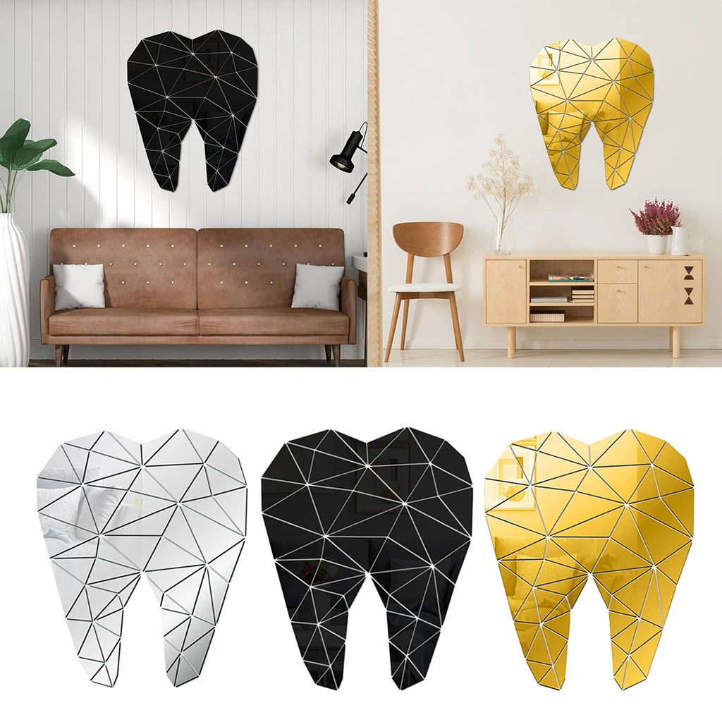 Tooth Shaped Mirror Wall Sticker Removable Decal Acrylic Art Mural Home Decor Wall Decal Stickers Waterproof Removable