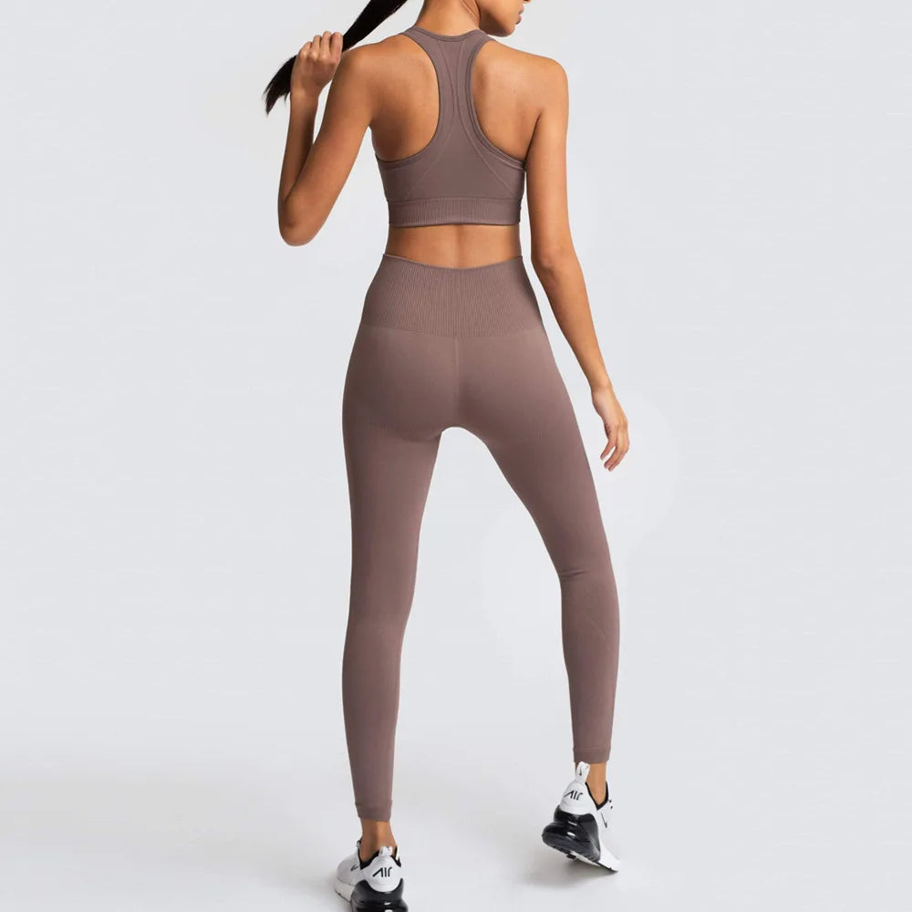 Seamless Knitting Solid Color Women Gym Yoga Set Tight Leggings +Fitness Bra Top 2pcs Sport Suit Comprehensive Training Jogging