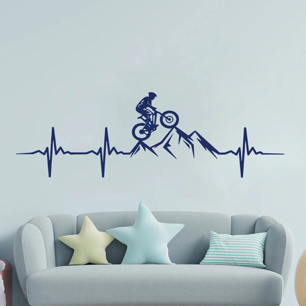 Mountain Bike Heartbeat Wall Decal Living Room Bedroom Art Mural Man Mountain Biker Downhill Bicycle Wall Sticker Playroom B4960